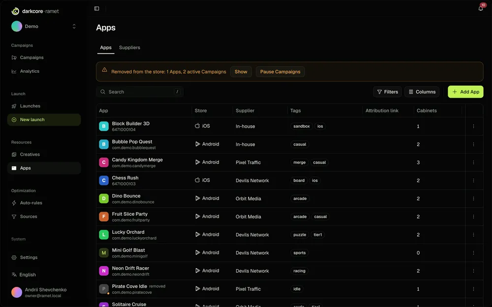 The apps page in Ramet.