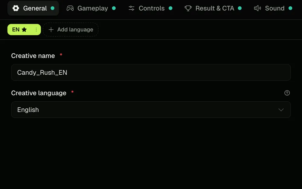 The playable editor in Ramet: tabs for general settings, gameplay, controls, result and sound, a language row and a phone preview beside the form.