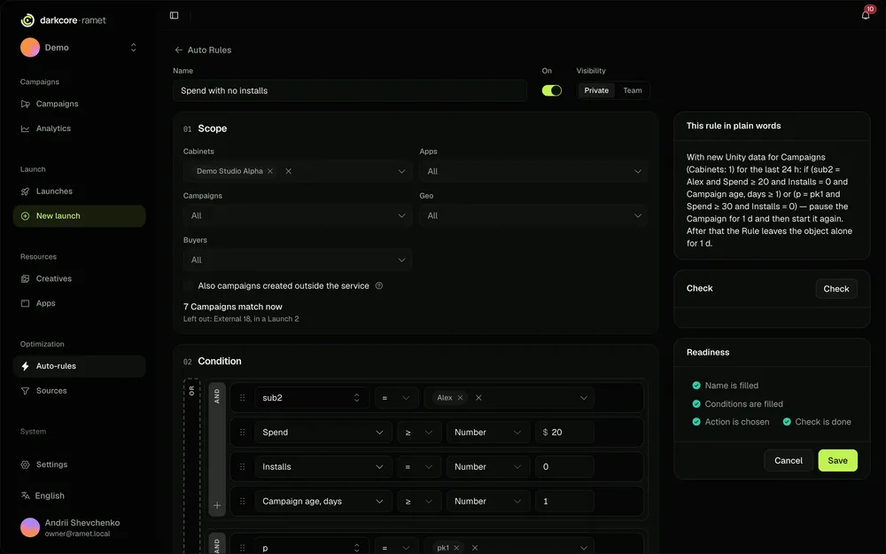 The auto-rule editor in Ramet: scope, conditions with AND and OR, the rule in plain words and a check.
